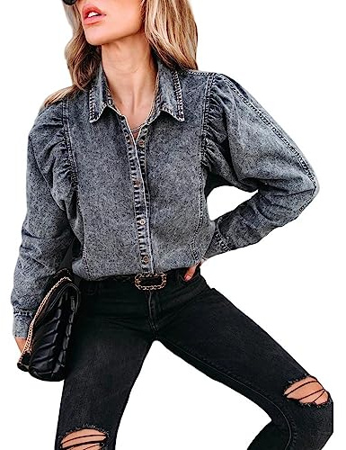 Top Femme,Chemisier En Jean Vintage Pour Femme Avec Poche Chemises À Manches Longues Bouffantes En Détresse Veste En Jean Western Chemisier T-Shirt Veste Chemisier Ample Tunique Sweat Tops Pour Femm