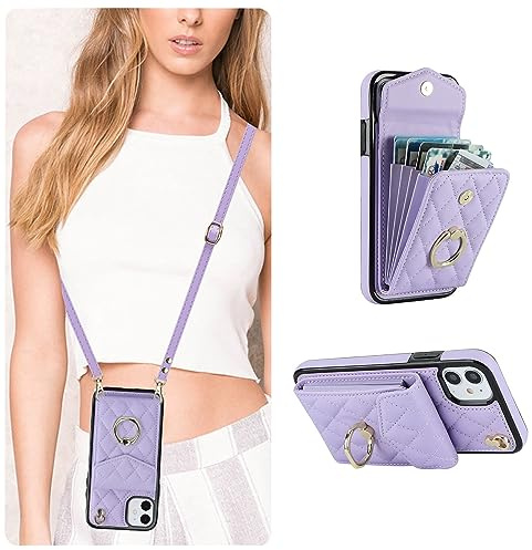 QLTYPRI Crossbody Wallet Case for iPhone 12/12 Pro, PU Leather Phone Case with RFID Blocking Card Slots Holder Ring Kickstand Wrist Strap Lanyard Handbag Purse Cover for iPhone 12/12 Pro-Purple