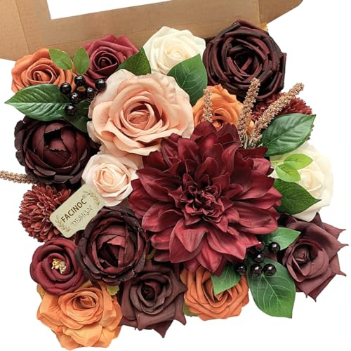 FACINOC Künstliche Rosen, burgunderrote Kunstblumen mit Stielen, Bouquets, DIY-Brautparty, Hochzeit, Partydeko, Tafelaufsatz, Arrangements aus Seiden-Kunstblumen, Heimdekoration, Innenbereich, Orange