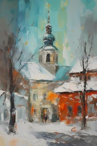 adrium Acryl-Bild 40 x 60 cm: Winterlandschaft im Dorf. Die Kirche Mariä Himmelfahrt. Illustration. (203145457)