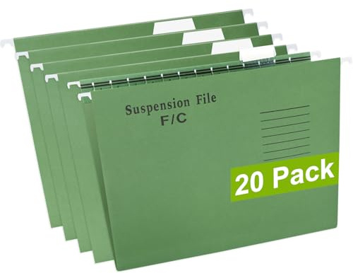 GUOKOFF Foolscap Suspension Files, 20PCS FC Hanging Filing Folders, Green | FC Filing Cabinet Suspension File with Tabs and Inserts, FC Hanging Filing Folders, Filing Cabinet Dividers For School Office