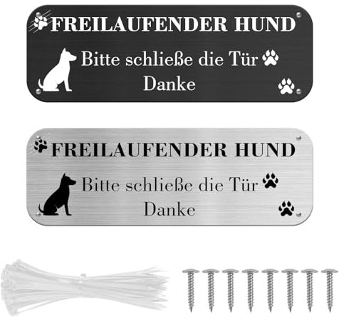 Xerteam 2 Stück Vorsicht Hund Schild, Vorsicht Freilaufender Hund schild, Schild Hund Warnung, 25x9cm Aluminium Reflektierendes Schilder mit 4 Vorgebohrten Löchern 8*Schrauben und 30*Kabelbinder