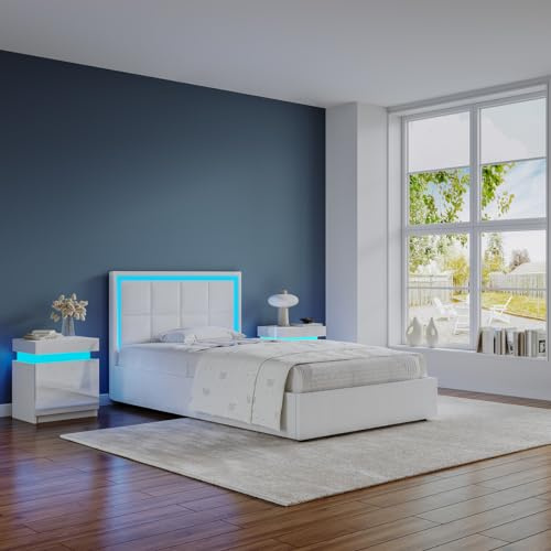 Ottoman Bed, 3ft Single Ottoman Lift Storage Bed with LED Lights Faux Leather Upholstered Bed End Lift Bed Frame Under Bed Storage Bedroom Furniture White