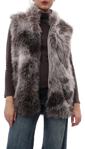 Amazhiyu Gilet da donna in finta pelliccia, con tasca, giacca invernale girocollo con cerniera, caldo e felpato, Tintura a nodo., XS