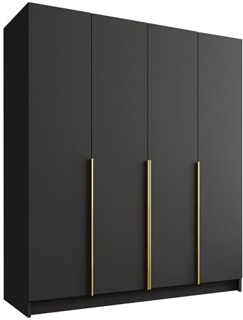 Mirjan24 Kleiderschrank mit Einlegeböden und Kleiderstange Salkor I, Vielseitiger Drehtürenschrank, Elegantes Kleiderschrank 4-türig (Schwarz/Schwarz + Gold)