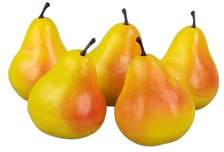 GMMH Künstliche Deko Birne, 5 Stück, Gelb-Mix, Schwere Ausführung, Lebensechtes Plastikobst, Birnen Plastikfrucht, Kunstobst, Frucht für Dekoration, Schaufenster, Haushalt, Küche, Party, Hotel