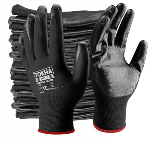 48 Pairs Nitrile Coated Gloves Red Black Nylon Safety Work Glove Use for Workshop Construction Builders Gardening Grip (Black-Black, XL [10])