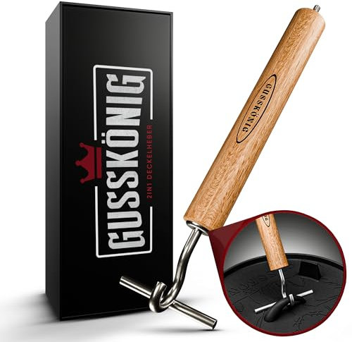 GUSSKÖNIG 2in1 Deckelheber - Deckelheber für den Gusskönig Dutch Oven 7 & 9 Liter - Sicheres Anheben heißer Deckel mit dem Holzgriff - Einschraubfunktion für den Gusskönig Deckel