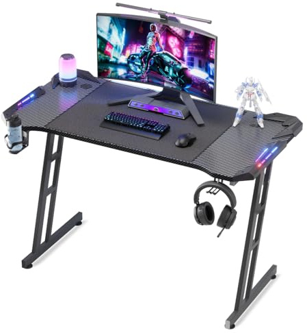 Kuro-sagol 120x60cm Gaming Tisch Computertisch Schreibtisch Esport, mit Kohlefaseroberfläche und LED, stabiles Z-Gestell, Kopfhörerhaken zum Spielen, Lernen, Schwarz