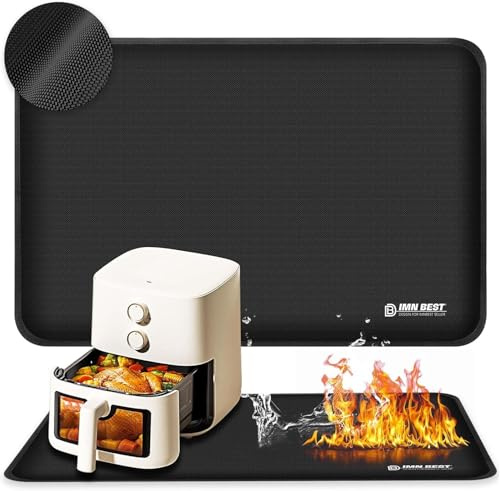 Feuerfeste Unterlage, hitzebestandige Silikonmatte für Luftfritteuse | 50 x 30 cm schwarze, rutschfeste und wasserdichte Silikonmatte als Hitzeschutz und Arbeitsplattenschutz für Luftfritteusen