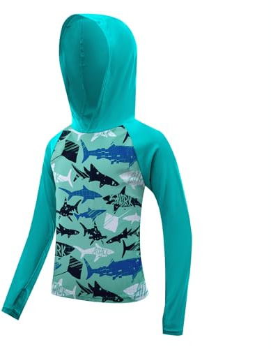 Boys Rash Guard Swim Shirts Toddler Kids Long Sleeve Hoodie UPF 50+ Sun Protection Swim Top Fishing Shirt with Thumb Hole Lake Blue Shark 3-4T