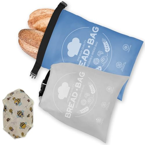 2 Pack Reusable Bread Bags for Homemade Bread with Beeswax Wraps for Food, Sourdough Bread Baking Supplies, Sourdough Bread Bags & Beeswax Wrap for Bread Storage,Grey and Blue