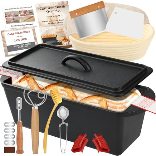35cm Pentola in Ghisa per la Cottura del Pane, Pentola GhisaBanneton Cestino per la Lievitazione del Pane a Lievitazione Naturale, Pentola per Forno Olandese 2 in 1 con Coperchio a Forma di Padella