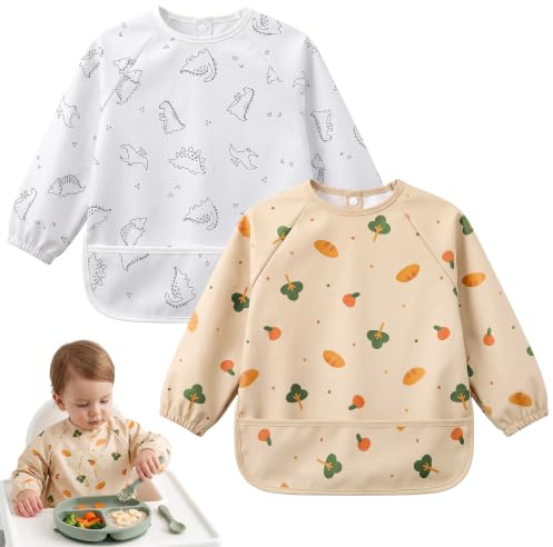 Baby Lätzchen mit Ärmeln & BLW, 2er-Set PU Wasserdicht Ärmellätzchen