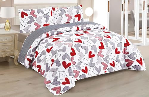 BESCH Colcha Boutis para Primavera y Verano con Diseño Corazones + 2 Funda Cojin 50x70 cm - Cubrecama Ligera Fina Entretiempo Extra Suave y Transpirable (Cama 135, 220x260cm)