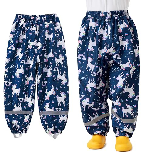 Baogaier Pantalon de Pluie pour Enfants, Non doublée Pantalons Coupe-Vent et imperméable Pluie, Cheval Bleu Marine Fille Anti-Boue Léger et Fin Pants avec Réfléchissant pour 7-8 Ans