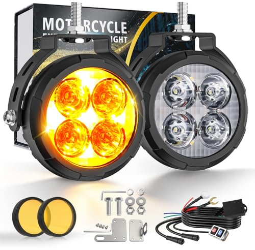 CO LIGHT 2 Stück Motorrad Zusatzscheinwerfer Bernstein/Weiß Zweifarbige LED Nebelscheinwerfer mit 9 Mod Inklusive Kabelbauml Halter Kompatibel füR Motorrad Auto SUV LKW ATV