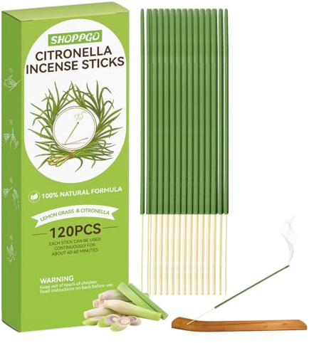 SHOPPGO Incienso Citronela, Varillas de Incienso Lemongrass, Inciensos Natural con Soporte, Ideal para el Hogar, Interior, Exterior, Jardín, Patio y Camping, 120 Varillas