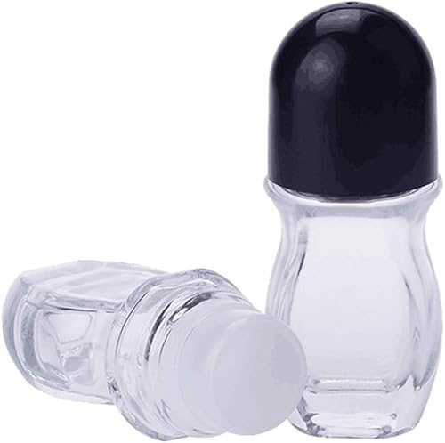 Wpppan 2 Pcs 50ml Clear Refillable Glass Roll-On Deodorant Bottles Empty Essential Oils Roller Bottles Containers with Plastic Roller Ball and Black Cap for Deodorant Lip Oil Massage Oil Beauty
