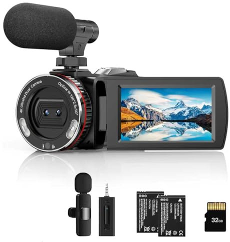 Weochi Caméra vidéo, caméscope 4K, 64 MP 30 fps double objectif avec micro sans fil pour vlogging YouTube, écran Ultra HD 3 Zoom numérique 21x, caméra enregistreur vidéo avec carte SD 64 Go