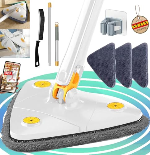 HICAREL® Mopa Triangular Giratoria 360 Blanca para Limpiar Azulejos y Paredes, Fregona Autoescurrible de Microfibra, Colgador, 3 Paños, Cepillo y 2 PDFs. Muy Fácil Limpieza Suelos, Techos y Ventanas.