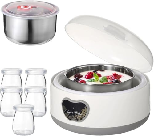 Electric Yogurt Maker with Smart Timer, 1200ML Automatic Yogurt Maker Machine with 5 Jars Glass Containers, Health Gift for Men Women, for Yogurt Handmade Lover