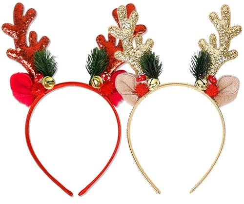DINGFENG Weihnachtshaarreif 2 Stück Set mit Rentier Geweih & Glöckchen Weihnachts Kopfschmuck Damen Erwachsene Glitzer Stirnband Weihnachten für Weihnachtsparty Festliche Haarreifen