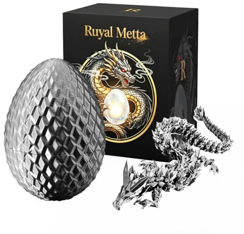 Ruyal Metta 3D Printed Dragon Egg in Gift Box, Mystery Articulated Diamond Crystal Dragon Egg Fidget Toy, 3D Dragon Eggs with Dragon Inside for Kids Teens Boys Girls (Large,Silver)