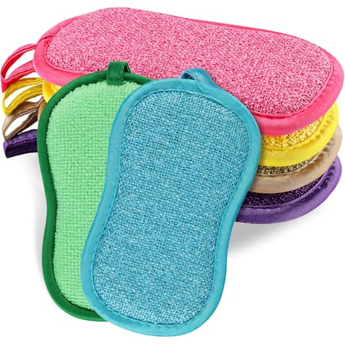 Wozzies 6 Pièces Eponge Vaisselle avec Lanière, Eponge Reutilisable Lavable, Éponges Microfibre Double Face est Idéale pour Le Nettoyage Quotidien et Élimine Les Taches D'huile dans la Cuisine