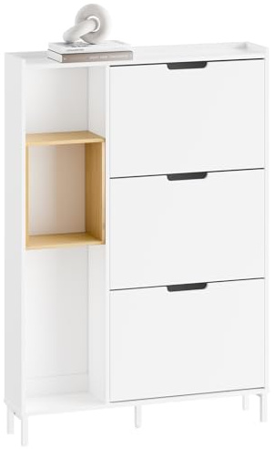 SoBuy Skoskåp smalt vit bambu – kompakt skoförvaring med 3 flikar, öppen träram, för kvinnor, mångsidig förvaring – för hall, entré, 90 x 19 x 129,5 cm, FSR209-WN