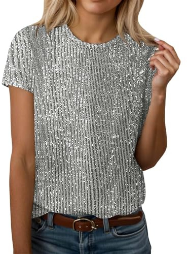 Glitzer Oberteile Damen, Pailletten Oberteil Damen, Festliche Oberteile Kurzärmelig Rundhalsausschnitt T-Shirt Lässig Elegant Festlich Tops Weich Bequem Workout Tshirt Abendparty Hochzeit Bluse