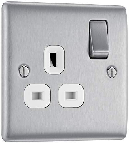BG Electrical Single Switched Power Plug Wall Socket, Raised and Slim Profile, Round Edges, Nexus Metal, Brushed Steel, White Inserts, 13A, NBS21W