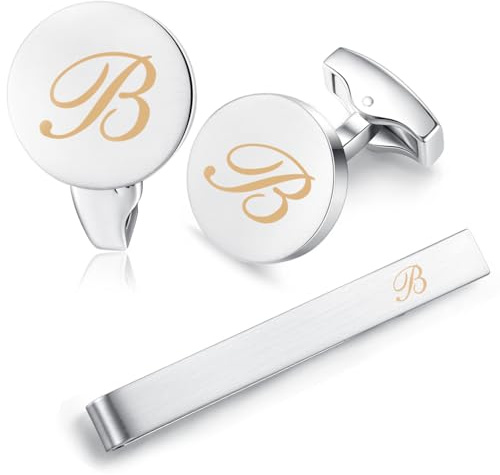 HONEY BEAR manschettenknöpfe & krawattennadel Krawattenklammer Set Initialen Buchstabe Herren Hochzeit Cufflinks Manschettenknopf Silber, 5.4cm (B)