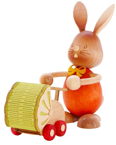 Drechslerei Kuhnert - Osterdekoration / Osterhase - Stupsi Hase mit Kinderwagen - 12cm - aus Holz - Made in Germany