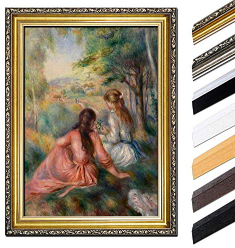 Bilderdepot24 Bild mit Rahmen - Pierre-Auguste Renoir Junge Mädchen auf der Wiese 60x80 cm - Gerahmtes Leinwandbild Alte Meister - Antiker Rahmen Gold Barock, Klassisch