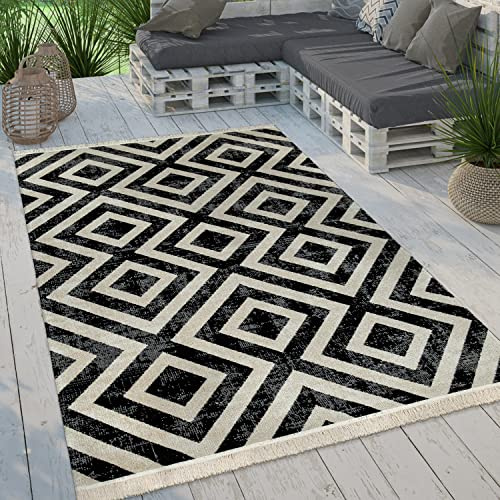 Paco Home Moderner Outdoor Teppich Geometrisches Rauten-Muster im Vintage-Look Flachgewebe Wetterfest & Pflegeleicht für Garten, Terrasse & Balkon, Grösse:160 cm Rund, Farbe:Schwarz Weiß