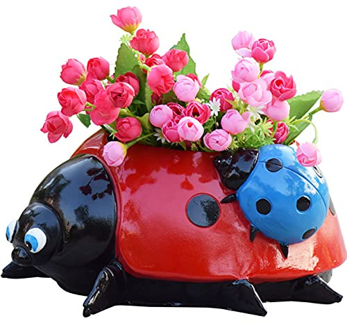 Pot de Fleurs Pot de Fleurs de Coccinelle Pot de Fleur Exterieur, Décor de Pot de Fleur de Coccinelle en résine,Mini coccinelles,pour l'extérieur,Jardin,Yard Lawn Sculpture de Paysage. (Red)