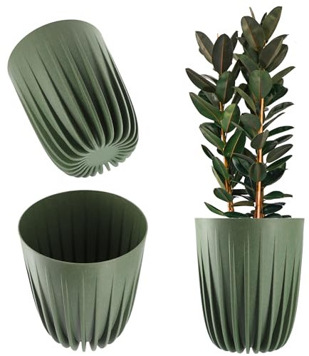 KADAX Blumentopf aus Kunststoff mit Naturmaterialien, Moderne Pflanztöpfe, Pflanzentopf mit geometrischem Muster, runder Blumenkübel mit Einsatz, Naturblumentopf, Hochübertopf (∅ 25 cm, Dunkelgrün)