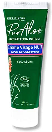 Ciel d'Azur Labs - Crème Visage Nuit Bio Pur’Aloé - Aloé Arborescens Natif & Aloé Vera Bio - Hydratation Intense - Certifié Bio Cosmos Organic - 98,5% d'Origine Naturelle - Tube 50 ml
