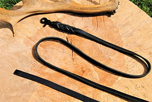 BULLYZEI Lederleine geflochten schwarz 13mm x 5m MIT Schlaufe Scheren-Karabiner Schleppleine Fährtenleine