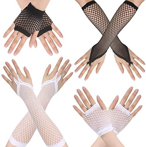 Ypser Damen Lange Netzhandschuhe Nylon Spitze Fingerlos mit Fingerschlaufe, 4 Stück (Schwarz + Weiß), Medium