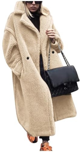 Onsoyours Mantel Damen Lang Plüschjacke Revers Faux Wolle Lose Langarm Jacke Outwear Cardigan Winterjacke Frauen Teddy-Fleece Wintermantel Parka Trenchcoat 01 Aprikose M