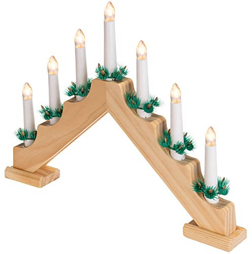 BAKAJI Portacandele Candelabro Avvento Natalizio Elettrico Led con 7 Candele di Natale Illuminazione Natalizia Arredamento Candela Arco di Candele in Legno Design Moderno Decorazioni (Legno)