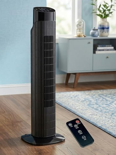 Uthfy 31 Inch Tower Fan for Bedroom, 120° Oscillating Quiet Standing Bladeless Fan With Remote, 7.5H Timer, 3 Speeds, 3 Modes, for Room, Dorm, Office, Black