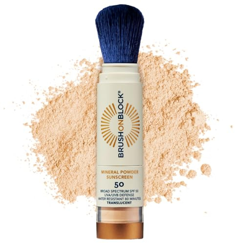 Brush On Block SPF 50 Mineral Powder Sunscreen, Translucent, Broad Spectrum, Water Resistant Face Protection, For All Skin Tones & Types, Reef Friendly, Mfg in USA