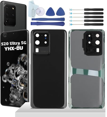 YHX-OU 6.9'' Schwarz Akkudeckel für Samsung Galaxy S20 Ultra 5G SM-G988B SM-G988U Rückseite Glas Backcover Back Glas Ersatz Reparatur Set mit Kameraobjektiv + Werkzeug