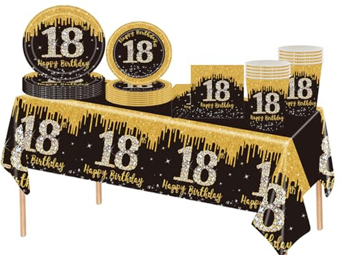 69pcs Black Gold 18th Birthday Decorations - Tablecloth, Paper Plates, Napkins, Cups for Him & Her 18th Birthday Gifts