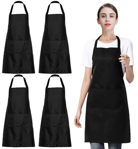 EUPSIIU 4 Pezzi Grembiule da Cucina Chef, Grembiule con 2 Tasche Unisex Cucina Chef Regolabile, Impermeabile Grembiule per Casa, Cucina, Ristorante, Caffetteria, Giardini, 60*70 cm (Nero) (Nero)