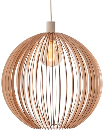 Nordestic Pendelleuchte Holz „Forseti“, skandinavische Hängelampe Esstisch + Wohnzimmer, Boho Hängeleuchte höhenverstellbar + dimmbar mit E27 Fassung (HxD 50x55 cm, Forseti)