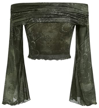 GORGLITTER Y2K Crop - Camiseta de manga larga para mujer, con hombros descubiertos, para festival, gótico, malla, con mangas de trompeta, Verde militar., XS